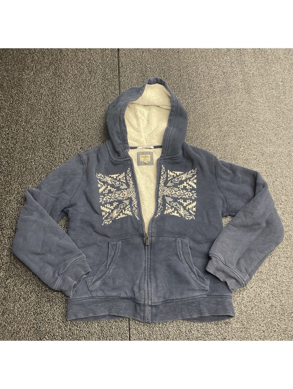 Pepe Jeans London Girls Size 16 L Blue Sherpa Lined Full Zip Jacket Embroidered